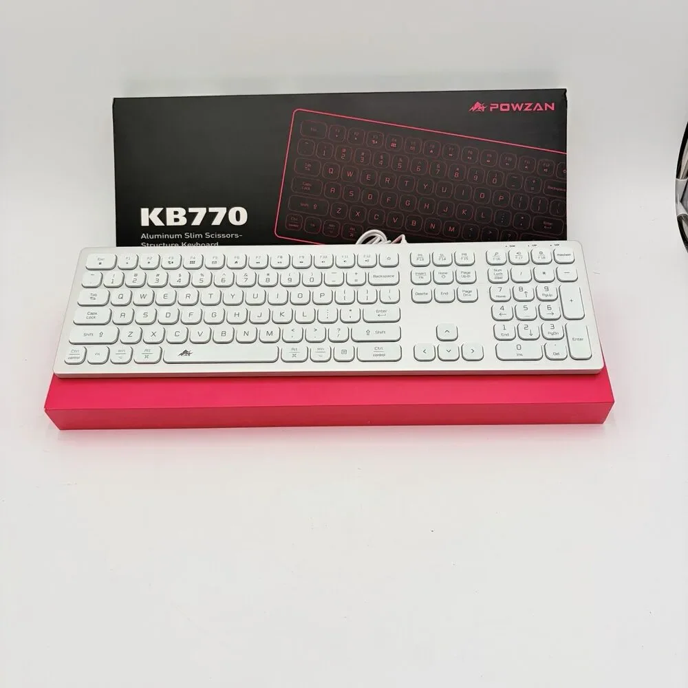 POWZAN KB770 LED Backlit Wired Keyboard Full Size Aluminum USB White